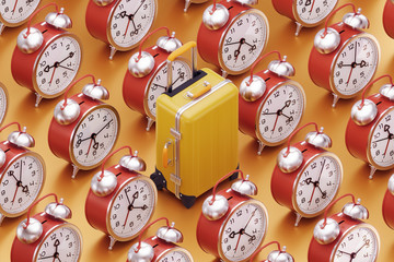 Time to Travel. A yellow travel suitcase in surrounding of arranged to rows alarm clocks with various time settings. 3D rendering graphics on the theme of Travel & Tourism.