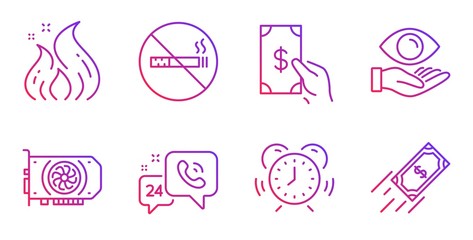 Time management, No smoking and Fire energy line icons set. Health eye, Gpu and Receive money signs. 24h service, Fast payment symbols. Alarm clock, Stop smoke. Business set. Vector