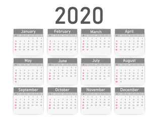 2020 gray calendar on white background. Vector illustration.