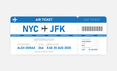 Blue flat air ticket on white background. Vector illustration.