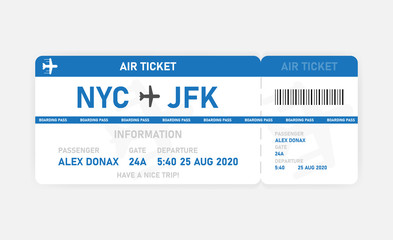 Naklejka premium Blue flat air ticket on white background. Vector illustration.
