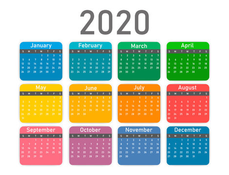 2020 colored calendar on white background. Vector illustration.