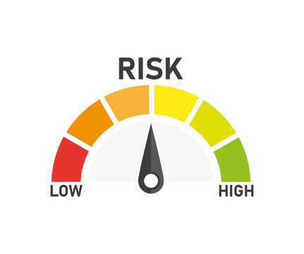Risk speedometer icon or sign of different colors with black arrow. Vector illustration.