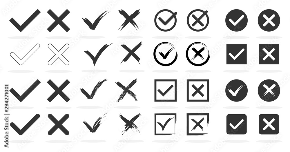 Poster big set of tick and cross signs. check mark ok and no icon of different design on white background. 