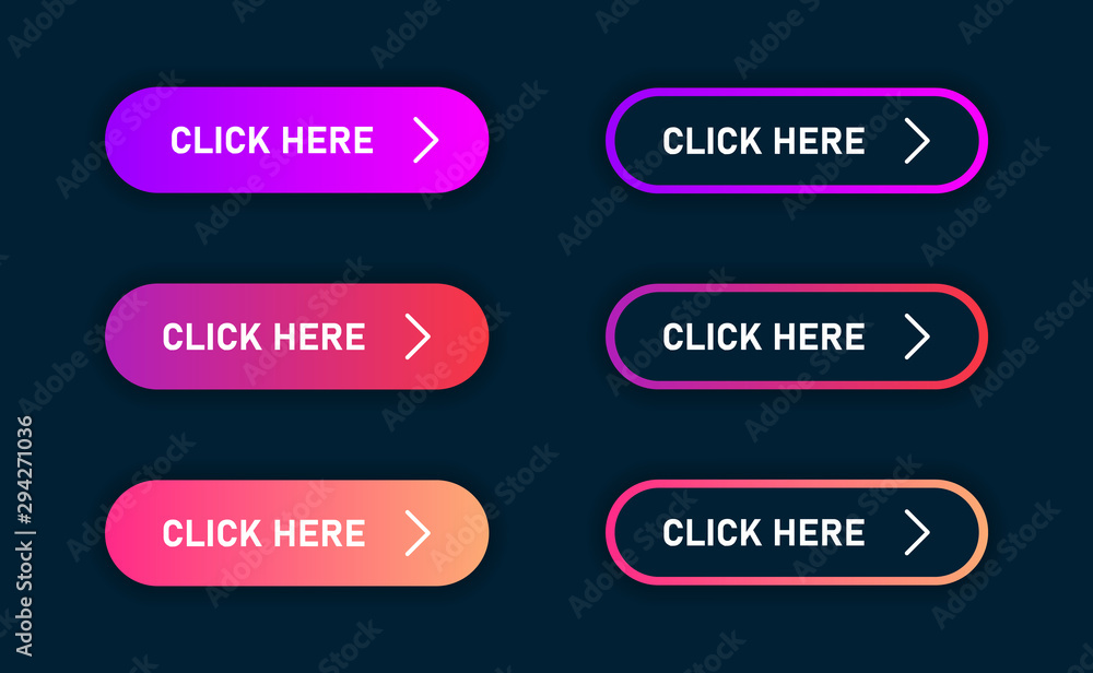 Poster colorful set of buttons with gradient and with multiple states for hover and click, isolated on dark