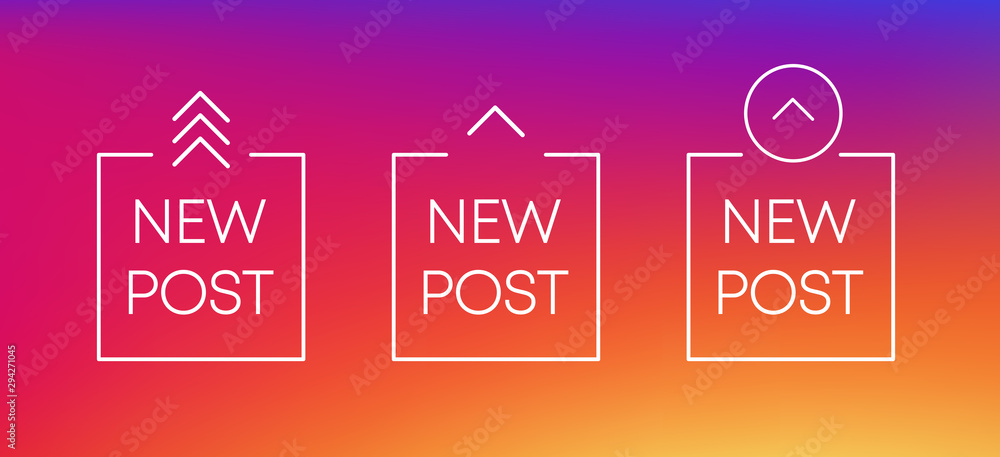 Poster three white new post icon. scroll arrow up drag button up social media interface action icon. vector