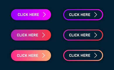 Colorful set of buttons with gradient and with multiple states for hover and click, isolated on dark blue background.