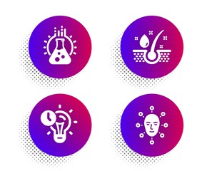Time management, Chemistry lab and Serum oil icons simple set. Halftone dots button. Face biometrics sign. Idea lightbulb, Laboratory, Healthy hairs. Facial recognition. Business set. Vector