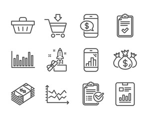 Set of Finance icons, such as Shopping basket, Check investment, Report document, Graph phone, Checklist, Online market, Bar diagram, Diagram chart, Phone payment, Survey checklist. Vector