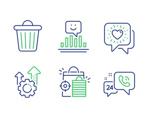 Friends chat, Seo shopping and Trash bin line icons set. Seo gear, Smile and 24h service signs. Friendship, Analytics, Garbage. Cogwheel. Business set. Line friends chat outline icons. Vector