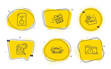 Car, Seo stats and Time management signs. Chat bubbles. Present delivery, Approved document and Sale line icons set. Shopping service, Like symbol, Shopping tag. Transport. Business set. Vector