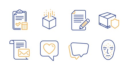 Augmented reality, Delivery insurance and Mail letter line icons set. Article, Accounting checklist and Heart signs. Speech bubble, Face biometrics symbols. Line augmented reality icon. Vector