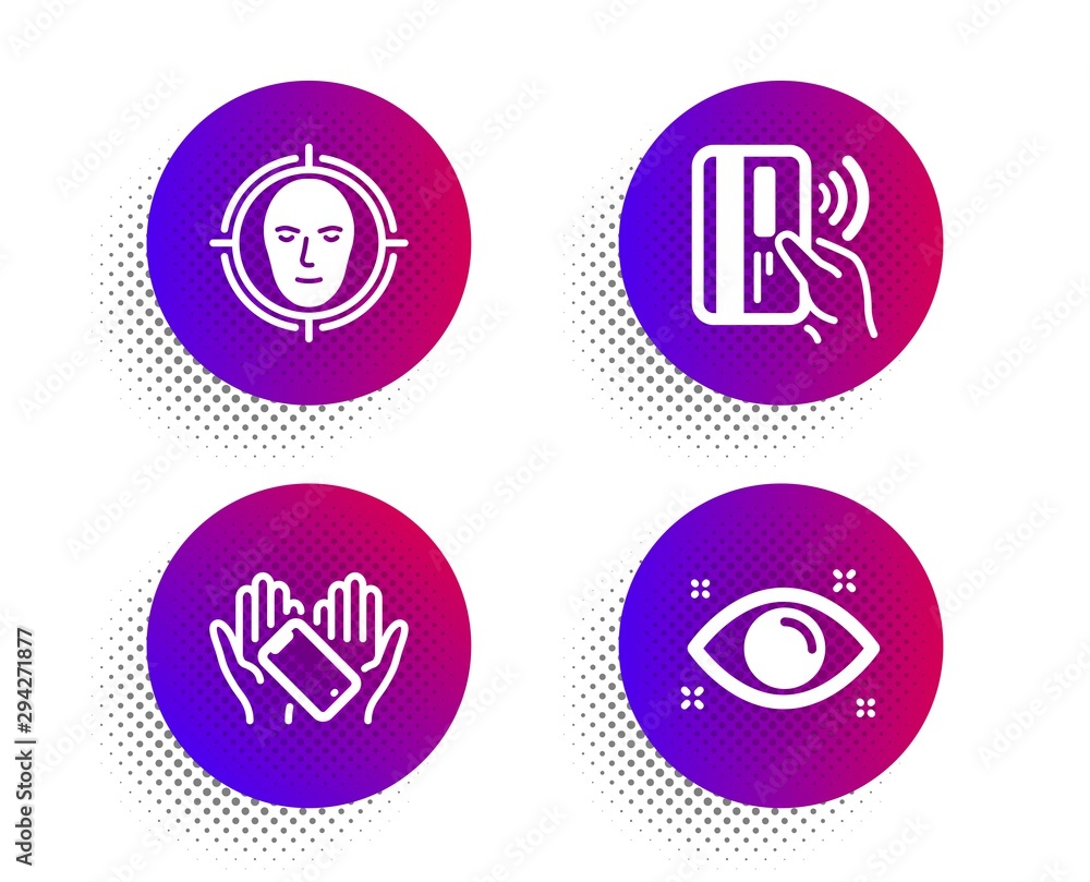 Poster smartphone holding, contactless payment and face detect icons simple set. halftone dots button. heal