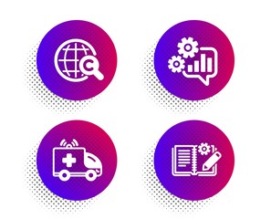 Ambulance car, International Ð¡opyright and Cogwheel icons simple set. Halftone dots button. Engineering documentation sign. Emergency transport, World copywriting, Engineering tool. Manual. Vector
