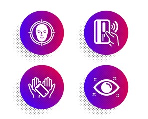 Smartphone holding, Contactless payment and Face detect icons simple set. Halftone dots button. Health eye sign. Phone, Bank money, Select target. Optometry. People set. Vector