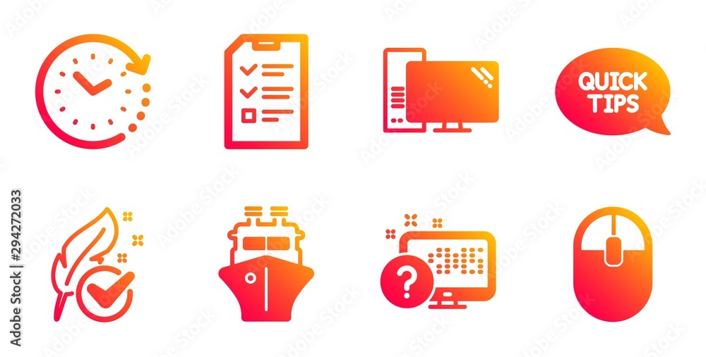 Poster online quiz, ship and computer line icons set. quickstart guide, interview and time change signs. hy