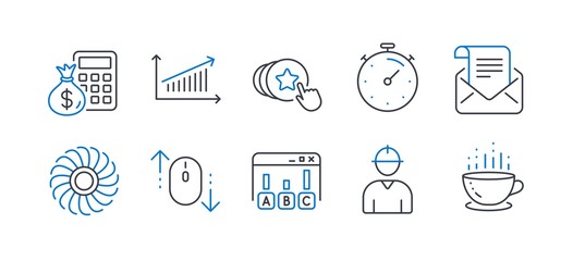 Set of Business icons, such as Finance calculator, Hold heart, Mail newsletter, Chart, Survey results, Scroll down, Timer, Engineer, Fan engine, Coffee cup line icons. Vector