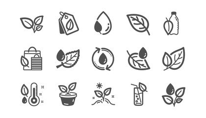 Plants icons. Leaf, Growing plant and Humidity thermometer. Water drop classic icon set. Quality set. Vector