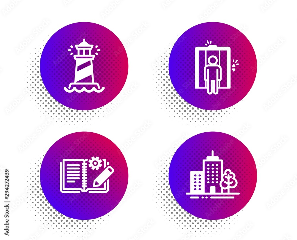 Aufkleber engineering documentation, elevator and lighthouse icons simple set. halftone dots button. skyscrape