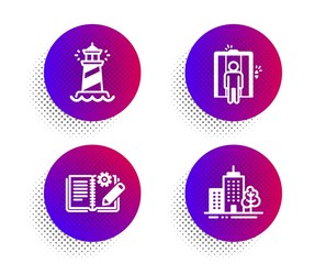 Engineering documentation, Elevator and Lighthouse icons simple set. Halftone dots button. Skyscraper buildings sign. Manual, Lift, Searchlight tower. Town architecture. Industrial set. Vector