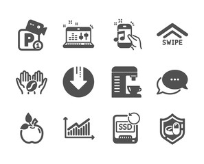 Set of Business icons, such as Coffee, Download arrow, Eco food, Recovery ssd, Parking security, Music phone, Sound check, Swipe up, Graph, Medical tablet, Coffee machine, Dots message. Vector