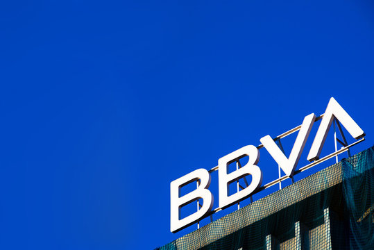 Valencia, Spain - October 4, 2019: Logo on a building of the new corporate image of the BBVA bank.