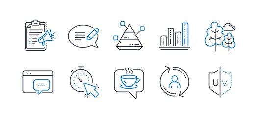 Set of Business icons, such as Graph chart, Timer, Coffee, User info, Message, Pyramid chart, Seo message, Megaphone checklist, Tree, Uv protection line icons. Growth report, Time management. Vector