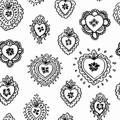 Line art seamless vector folk art burning heart pattern with black outline heart in doodle hand drawn style. Cozy and festive design for valentine, wedding, mothers day and your personal sweetheart.