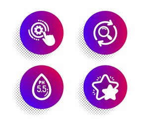 Ph neutral, Cogwheel settings and Search icons simple set. Halftone dots button. Star sign. Water, Engineering tool, Find results. Customer feedback. Technology set. Vector