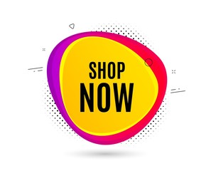 Shop now symbol. Banner text shape. Special offer sign. Retail Advertising. Geometric vector banner. Shop now text. Gradient shape badge. Halftone pattern. Vector