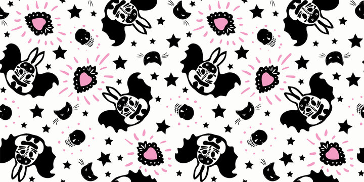 Seamless vector day of the dead folk art pattern with hand drawn bat bunny, shugar scull, cat head and star. Funny and happy design for your perfect party.