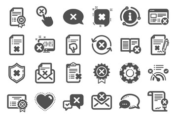 Reject or cancel icons. Set of Decline certificate, Cancellation and Dislike icons. Refuse, Reject stamp, Disapprove or cancel. Wrong agreement, delete certificate, checklist document. Vector