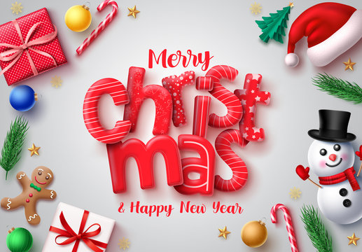 Christmas vector banner design. Merry christmas and happy new year 3d realistic typography text with xmas decor of santa hat, snowman, gift, candy cane, gingerhead cookie, balls and pine leaves.