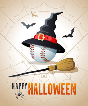 Happy Halloween. Sports greeting card. Baseball ball with witches hat and broom on the background of the baseball field as a spiders web. Vector illustration.
