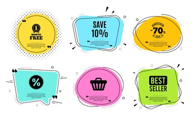 Save 10% off. Best seller, quote text. Sale Discount offer price sign. Special offer symbol. Quotation bubble. Banner badge, texting quote boxes. Discount text. Coupon offer. Vector