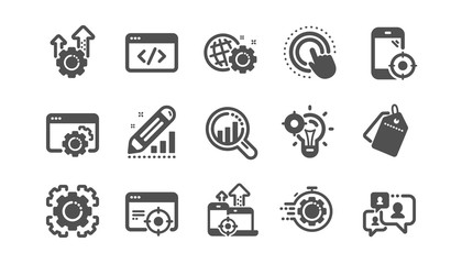 Seo icons. Website stats, Target and Increase sales signs. Traffic management, social network and seo optimization icons. Classic set. Quality set. Vector