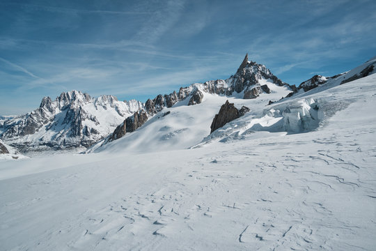 View of the iconic Dent du Geant, a peack on the Mont Blanc massif