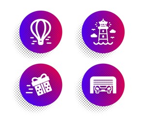 Present delivery, Air balloon and Lighthouse icons simple set. Halftone dots button. Parking garage sign. Shopping service, Flight travel, Beacon tower. Automatic door. Transportation set. Vector