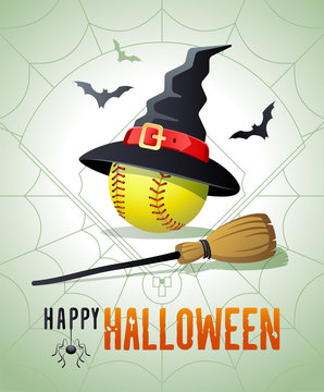 Happy Halloween. Sports greeting card. Softball ball with witches hat and broom on the background of the softball field as a spiders web. Vector illustration.