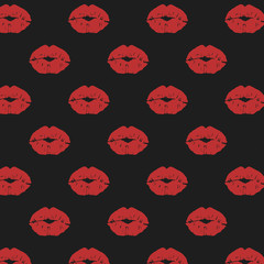 Vector pattern with red lip prints on black background. Colored ornament with kisses in the style of pop art.