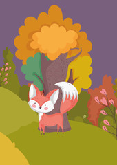 Obraz premium cute fox with tree foliage hello autumn