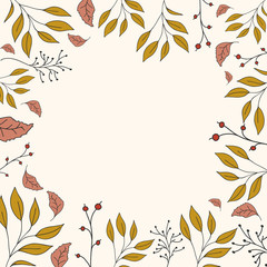 Fototapeta na wymiar Frame of autumn leaves. Freehand vector illustration. Botanic design for greeting card
