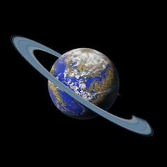 Earth like alien planet, life friendly exoplanet with ring system isolated on black background © dottedyeti