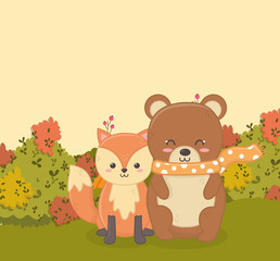 cute bear and fox sitting in the forest hello autumn