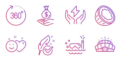 Coconut, Income money and Smile line icons set. 360 degrees, Hypoallergenic tested and Scuba diving signs. Safe energy, Arena stadium symbols. Vegetarian nut, Savings. Business set. Vector