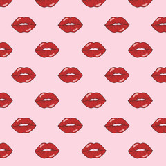 Vector pattern with red lip prints on a pink background. Colored ornament with kisses in the style of pop art