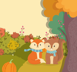 Obraz na płótnie Canvas cute fox and squirrel with scarf and pumpkin hello autumn