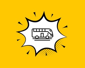 Bus tour transport line icon. Comic speech bubble. Transportation sign. Tourism or public vehicle symbol. Yellow background with chat bubble. Bus tour icon. Colorful banner. Vector