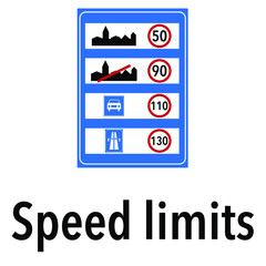Obraz premium Speed limits Information and Warning Road, caution traffic street sign, vector illustration isolated on white background for learning, education, driving courses, sticker, icon.