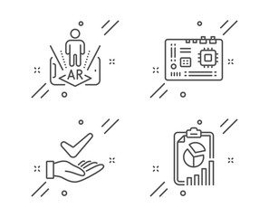 Augmented reality, Motherboard and Dermatologically tested line icons set. Report sign. Phone simulation, Computer component, Organic. Presentation chart. Technology set. Vector